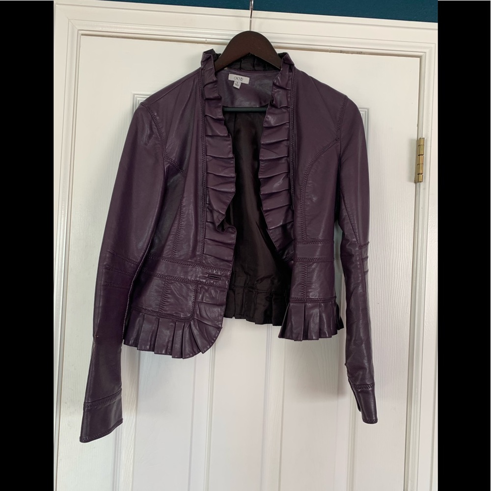 CACHE FAUX LEATHER RUFFLED JACKET